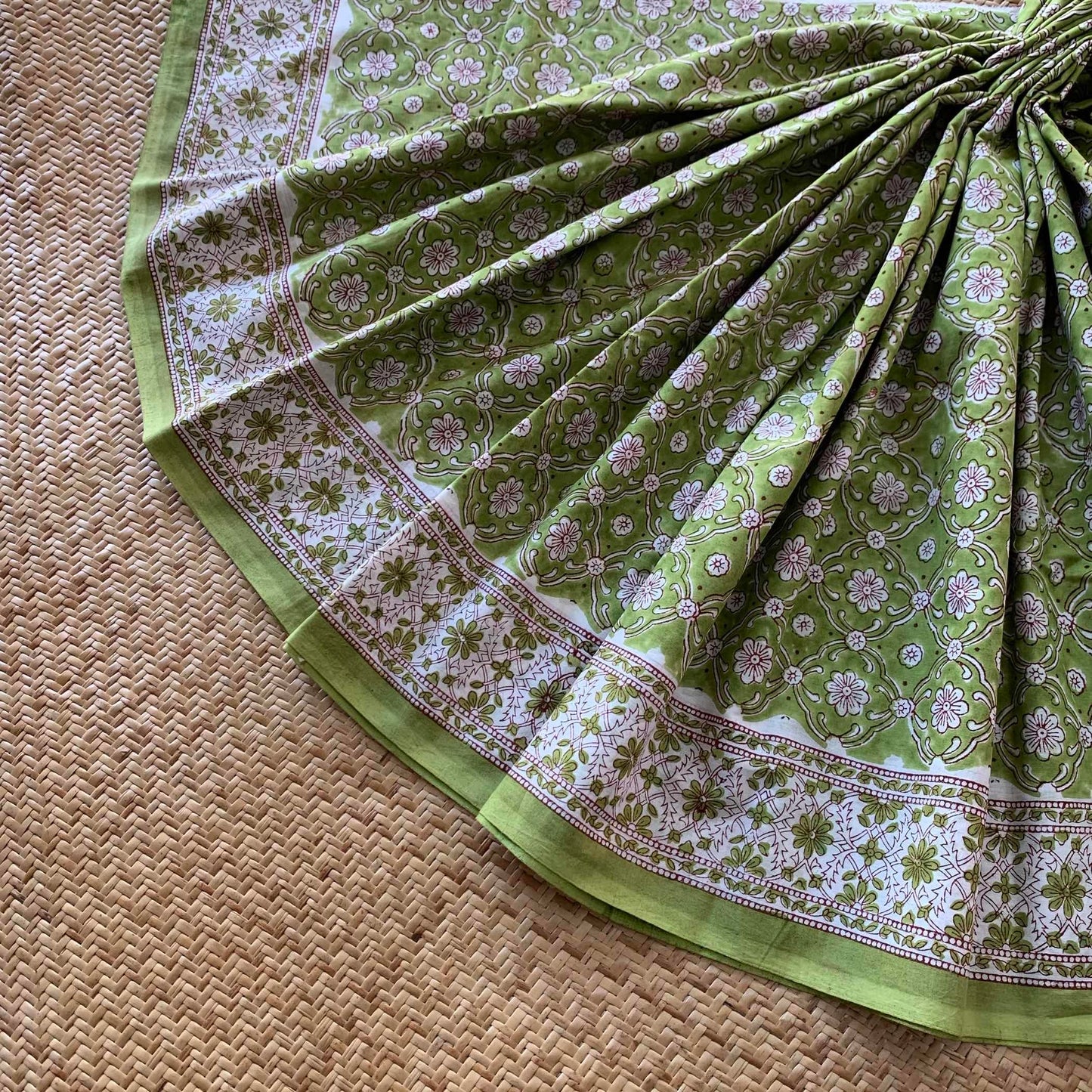 Mul Mul Cotton saree, Hand Block Printed, Green