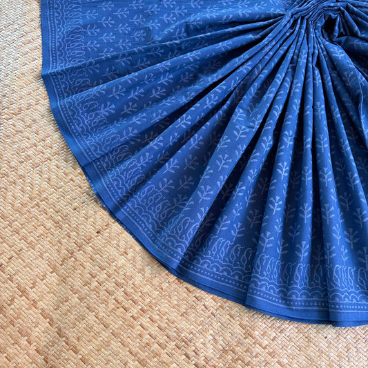 Mul Mul Cotton saree, Hand Block Printed, Blue