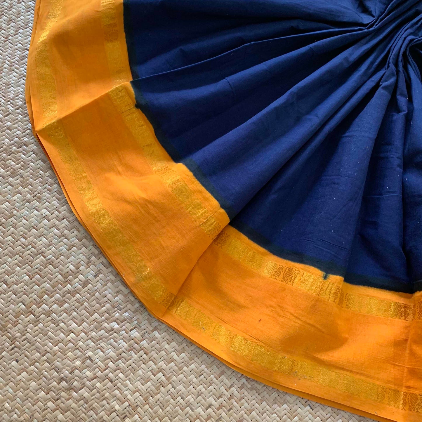 Navy Saree With Yellow Border, Zari Annam Rettai Pettu Border , Clamp dyed (Kattu sayam).