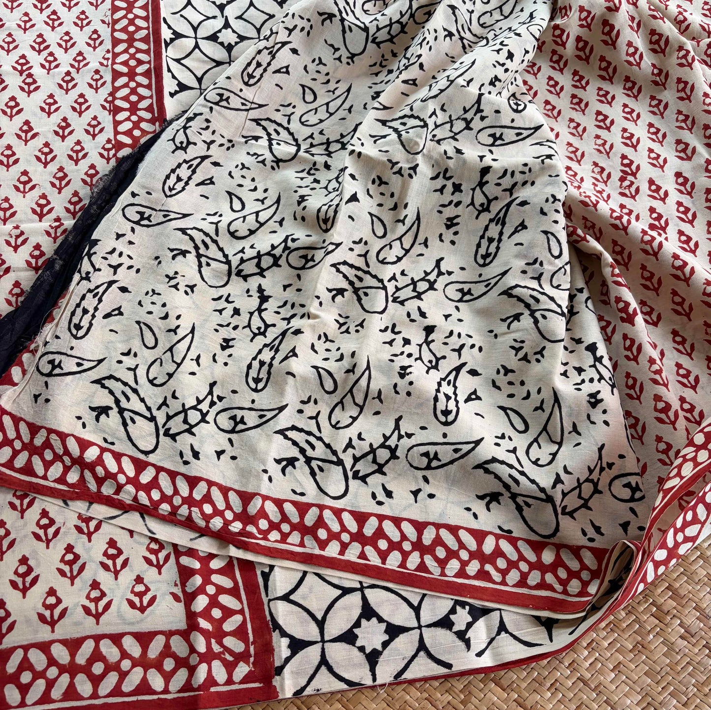 Mul Mul Cotton saree, Hand Block Printed, Cream