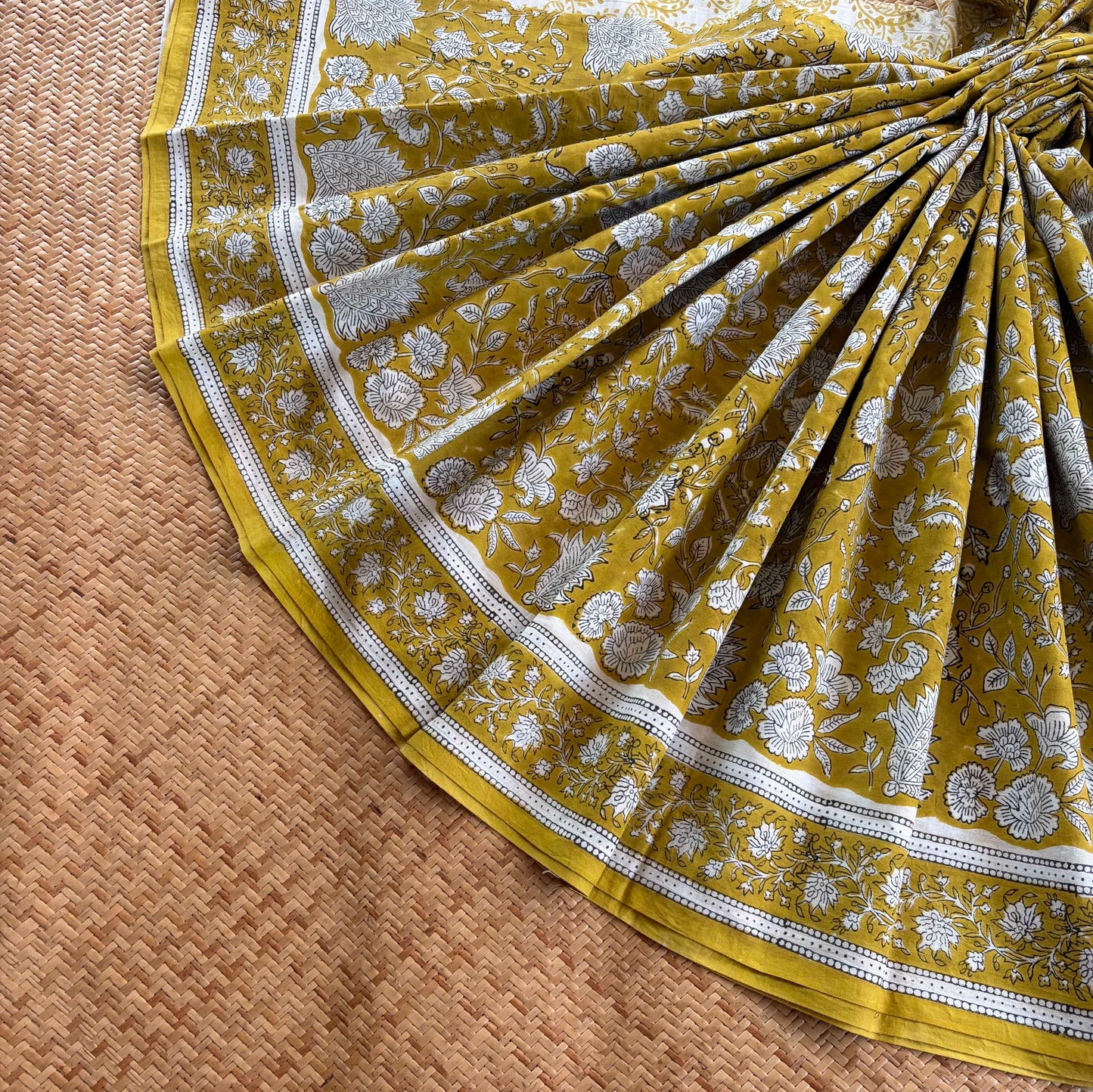 Mul Mul Cotton saree, Hand Block Printed, Mustard