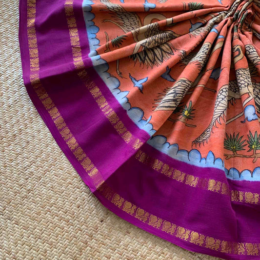 Crane, Kalamkari Hand Painted on a Madurai Sungudi Cotton saree.