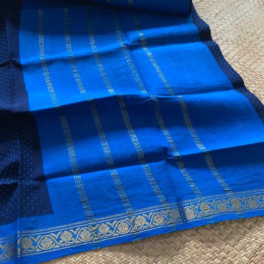 Navy With Blue Wax Print, Half Fine Zari Premium Sungudi Cotton Sarees