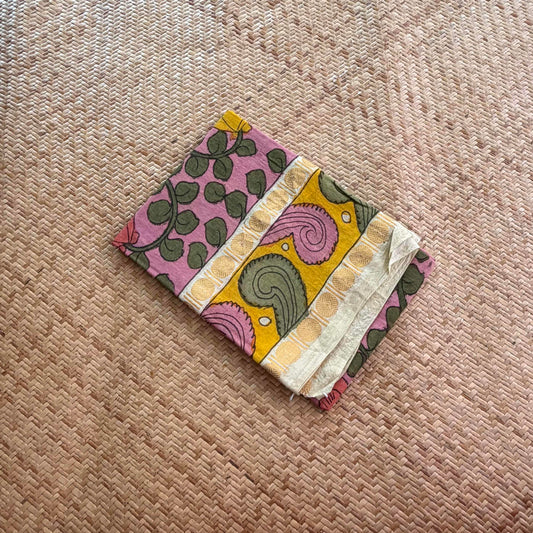 Pink Floral, Kalamkari Hand Painted on a Madurai Sungudi Cotton 1.20 METER FABRIC