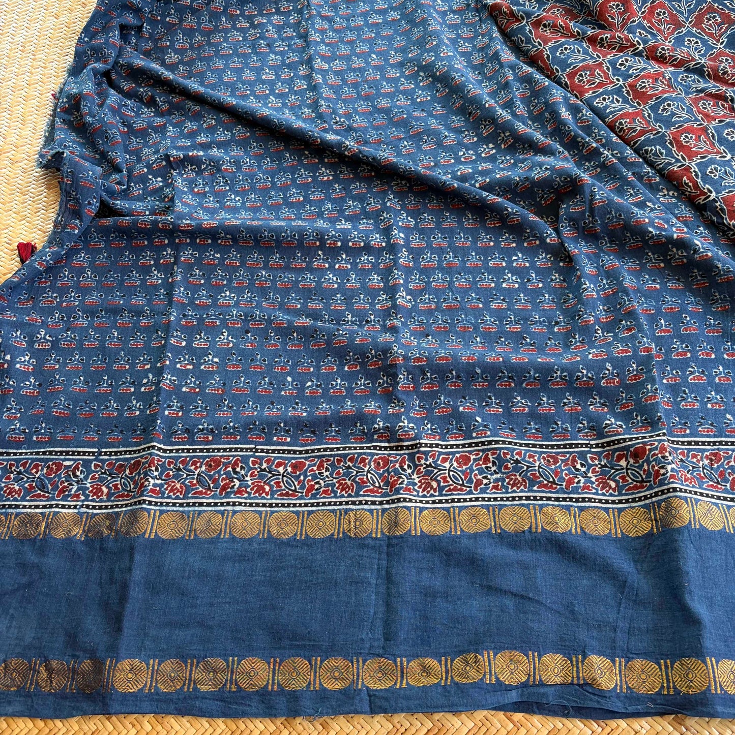Indigo, Ajrak Hand Block Printed On Madurai Cotton Saree With Zari