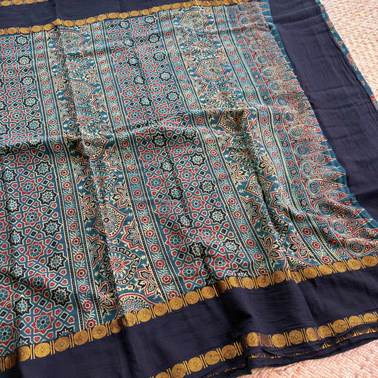 Rama Green, Ajrak Hand Block Printed On Madurai Cotton Saree With Zari