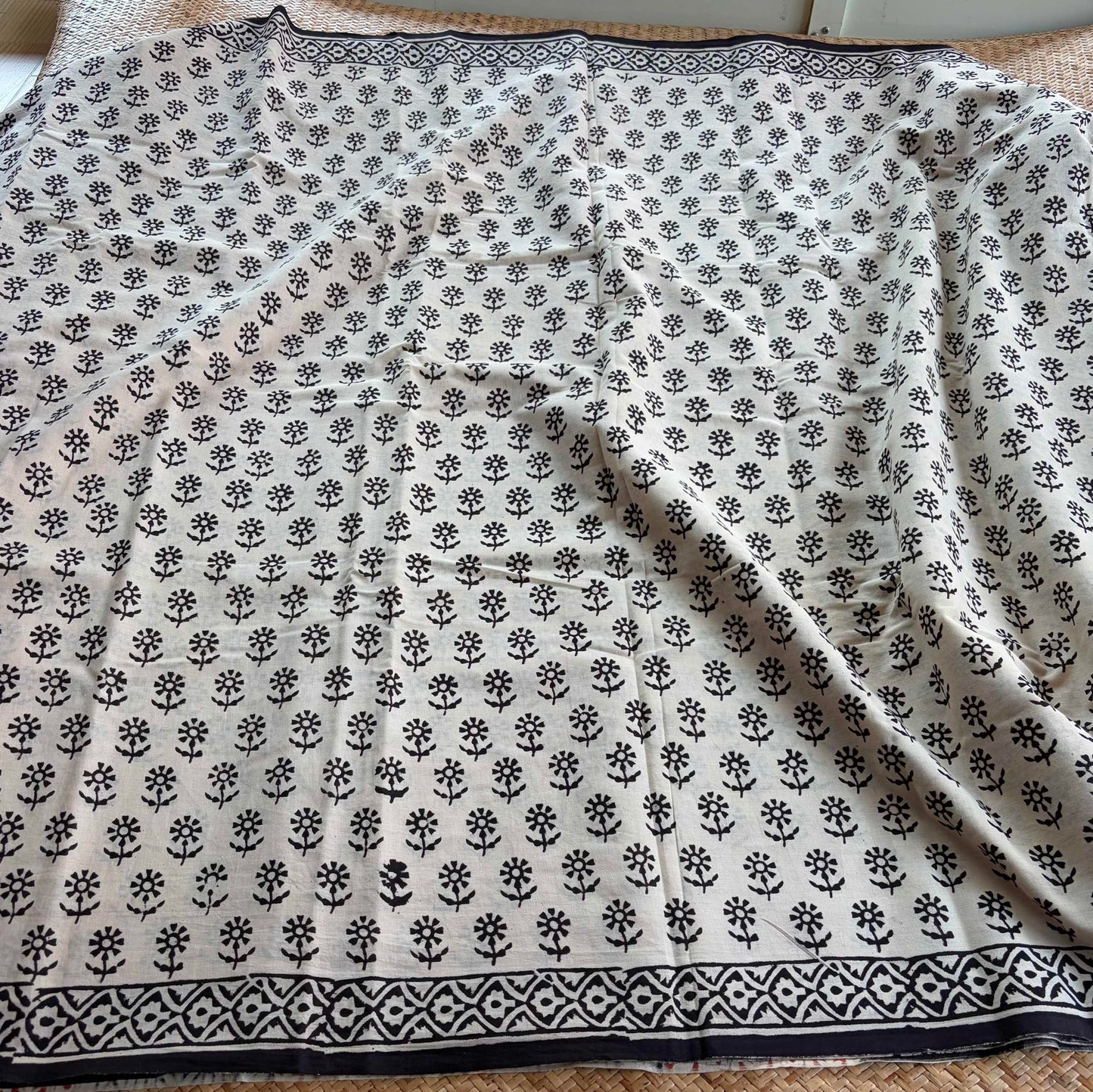 Mul Mul Cotton saree, Hand Block Printed, Cream