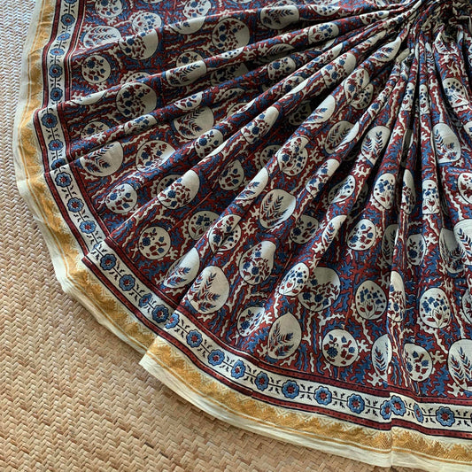 Algae- Cream, Ajrak Hand Block Printed On Madurai Cotton Saree With Zari