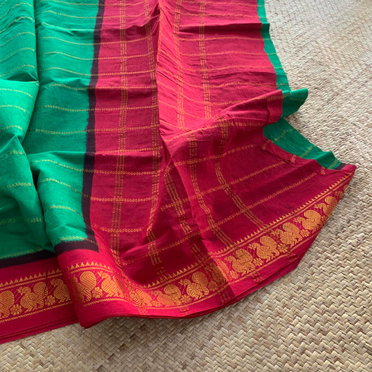 Green saree with Red Border, Zari Velthari Madurai Sungadi Saree