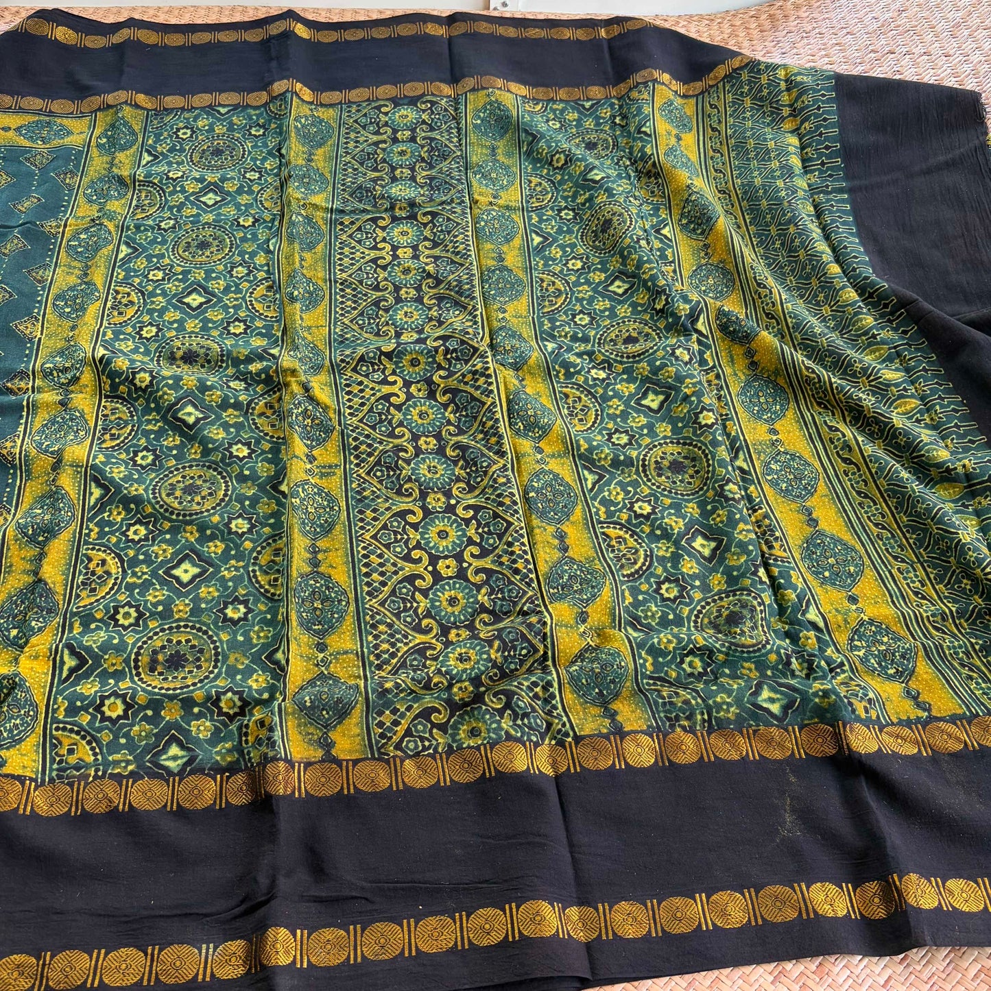 Diamond Green, Ajrak Hand Block Printed On Madurai Cotton Saree With Zari