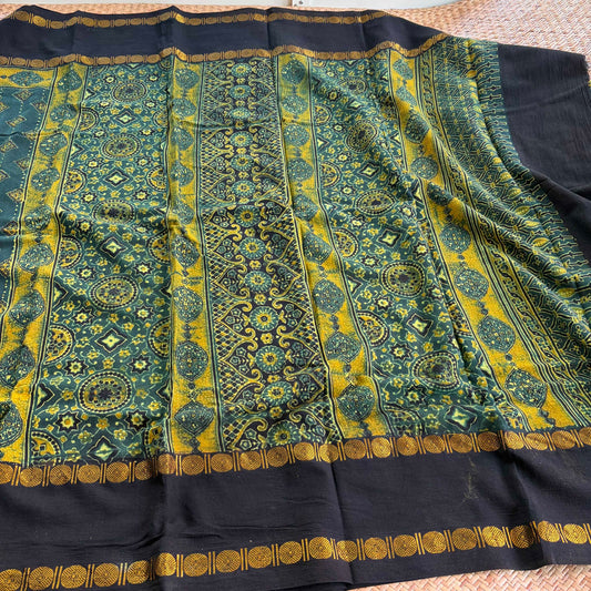 Diamond Green, Ajrak Hand Block Printed On Madurai Cotton Saree With Zari
