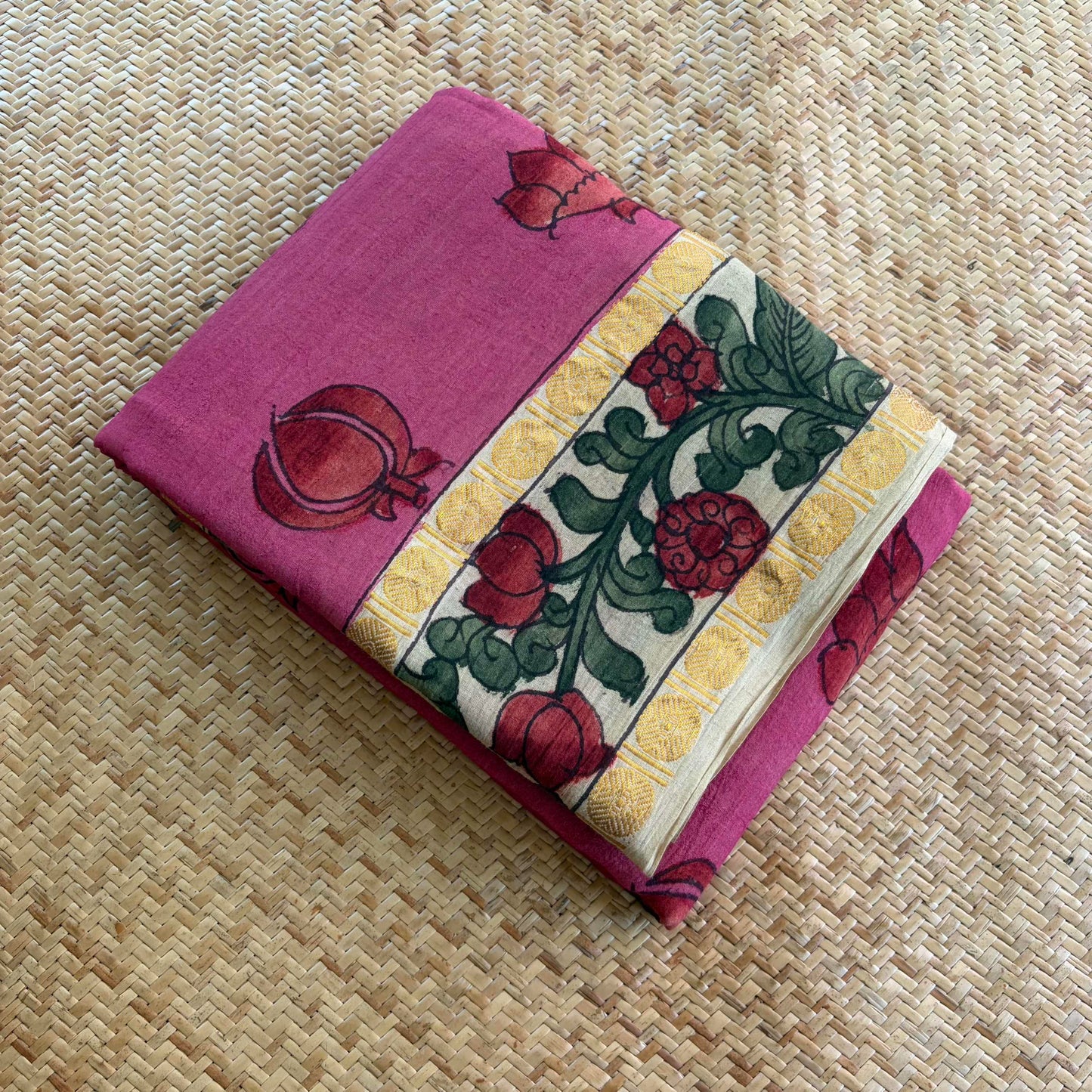 Pink Kalamkari Hand Painted on Cotton Sungudi Saree With Blouse
