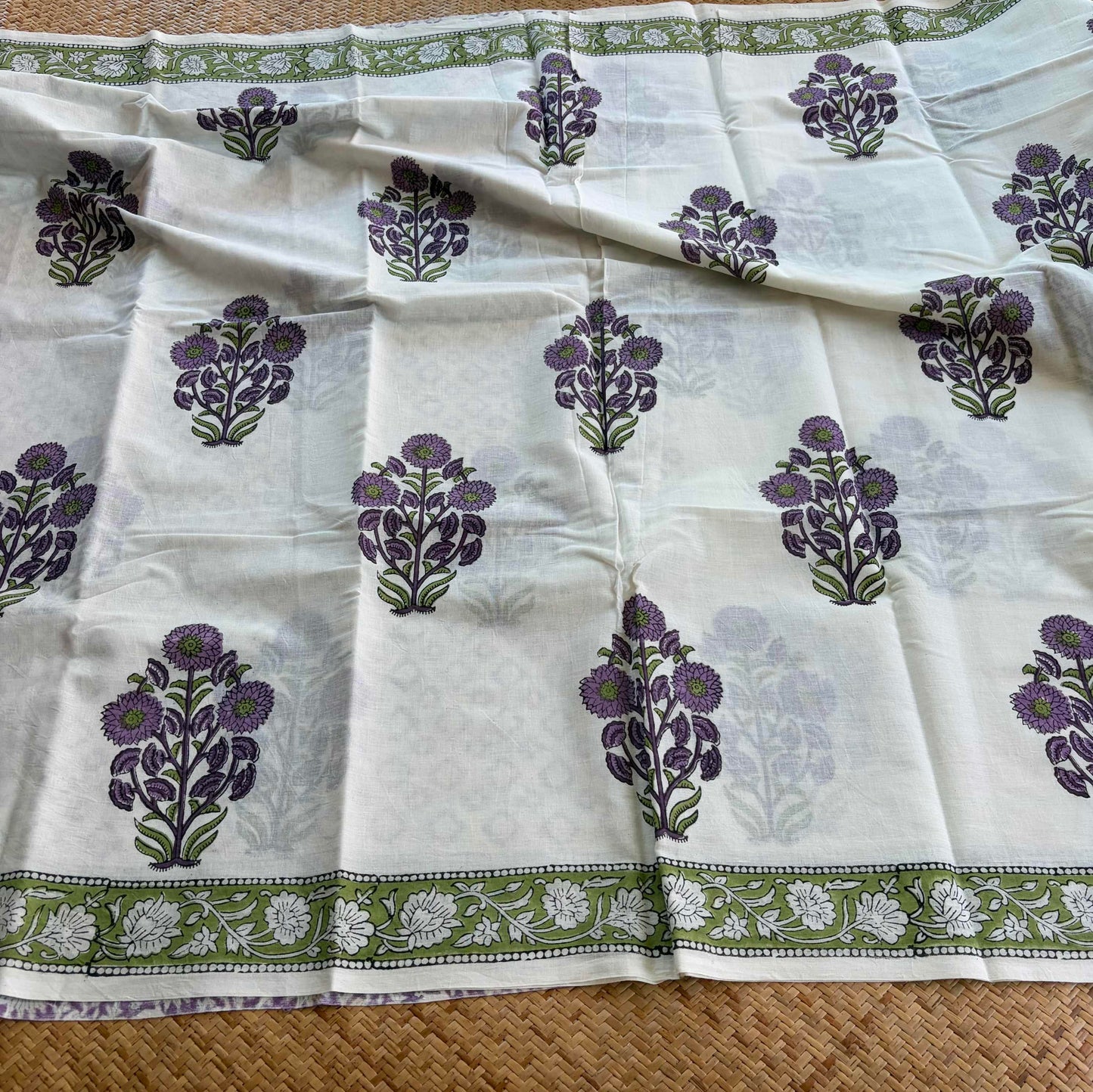 Mul Mul Cotton saree, Hand Block Printed, White