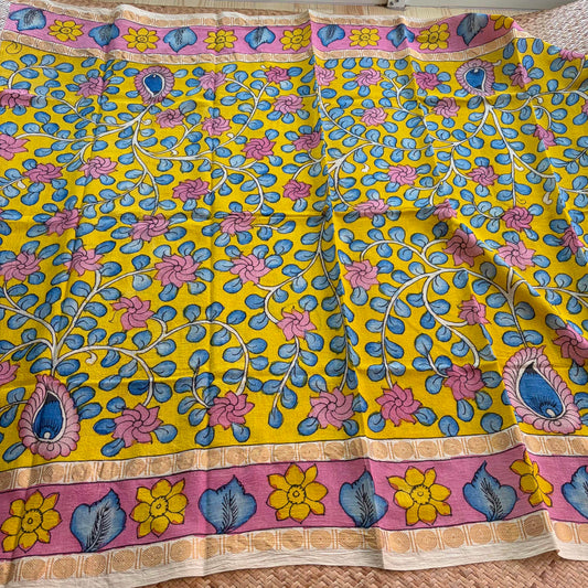 Yellow Floral, Kalamkari Hand Painted on a Madurai Sungudi Cotton 1.20 METER FABRIC