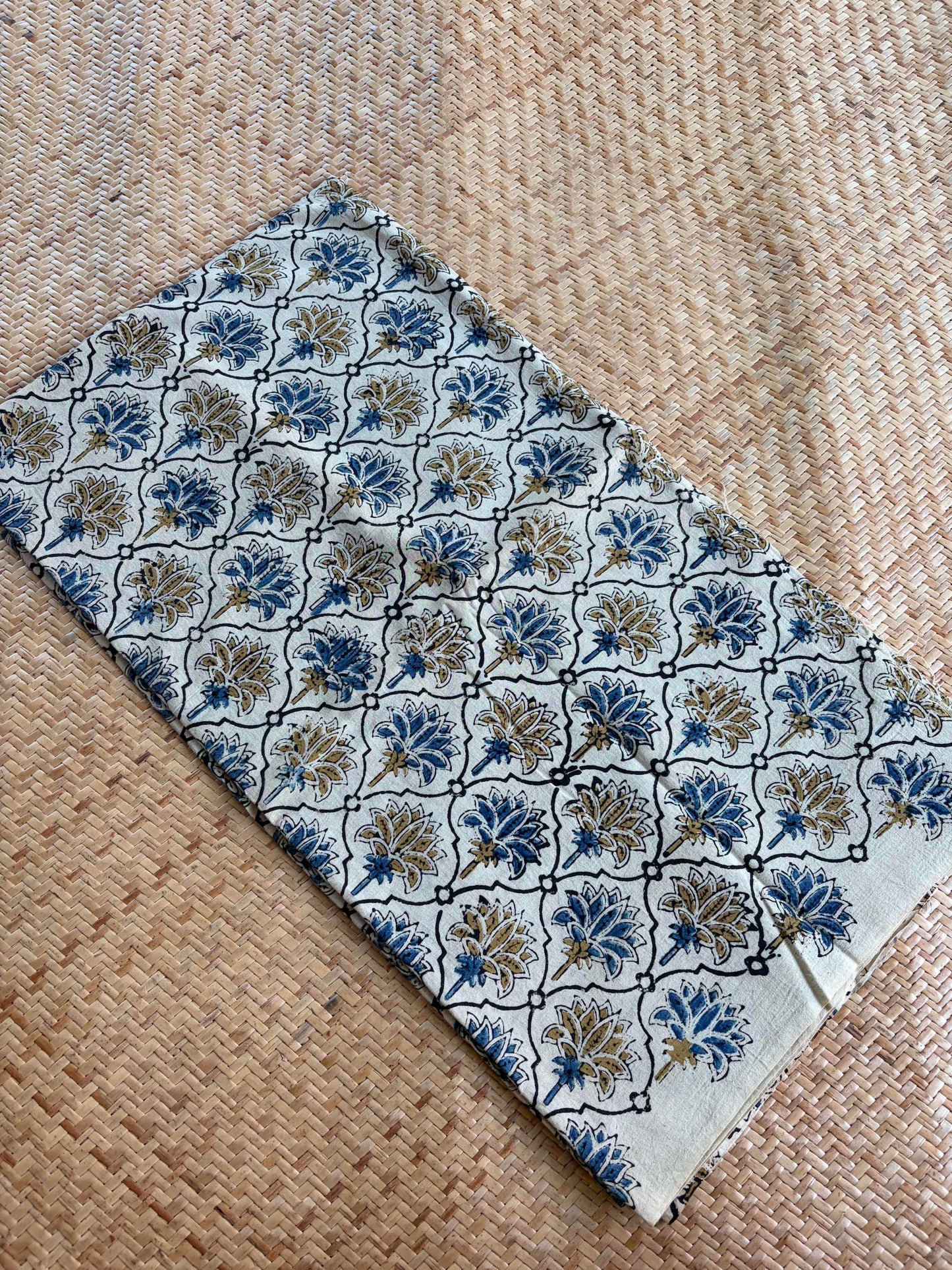 Off White, Natural Dyeing Ajrak Hand Block Printed Cotton 2.8 Meter Cut Fabric