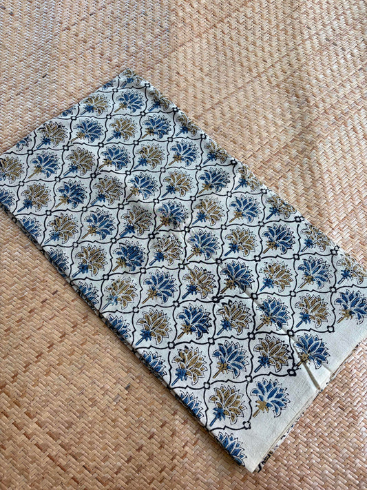 Off White, Natural Dyeing Ajrak Hand Block Printed Cotton 2.8 Meter Cut Fabric