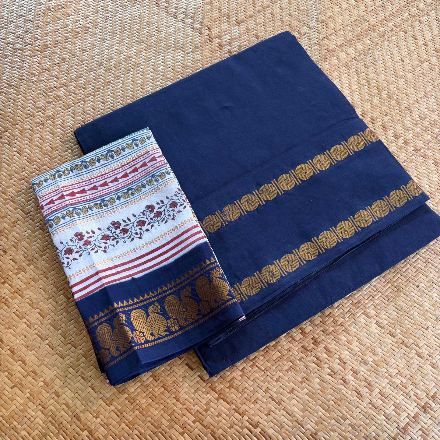 Navy Saree With Hand Block Printed Blouse , Zari Rudraksham Rettai Pettu Border , Clamp dyed (Kattu sayam)