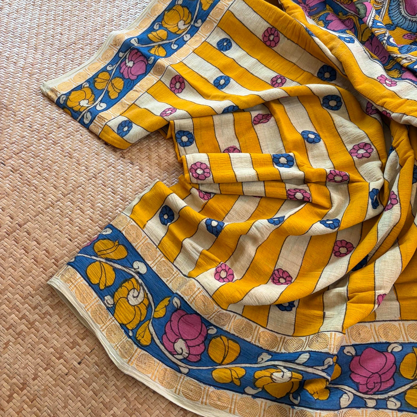 Yellow Strips Kalamkari Hand Painted on Cotton Sungudi Saree With Blouse