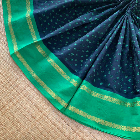 Black Saree With Green Wax Print, Half Fine Zari Premium Sungudi Cotton Sarees