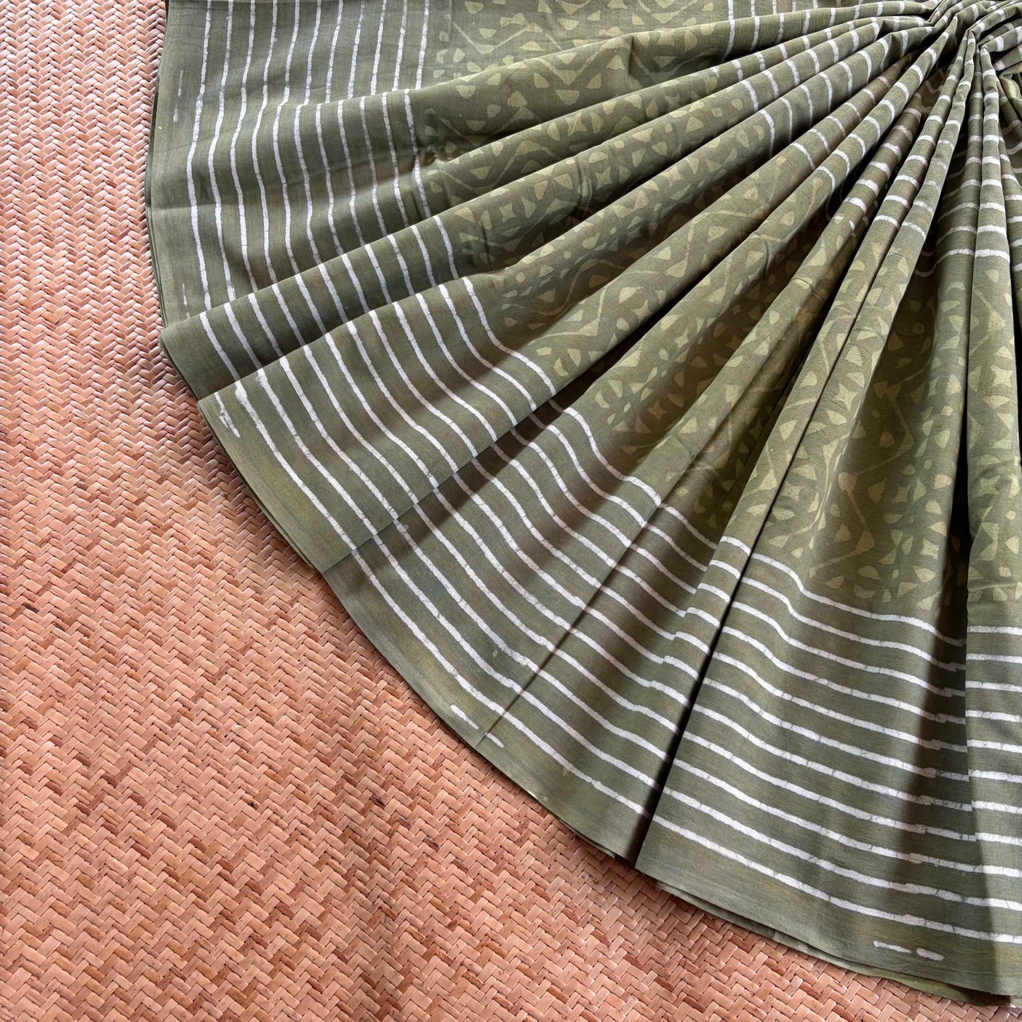 Mul Mul Cotton saree, Hand Block Printed, Green