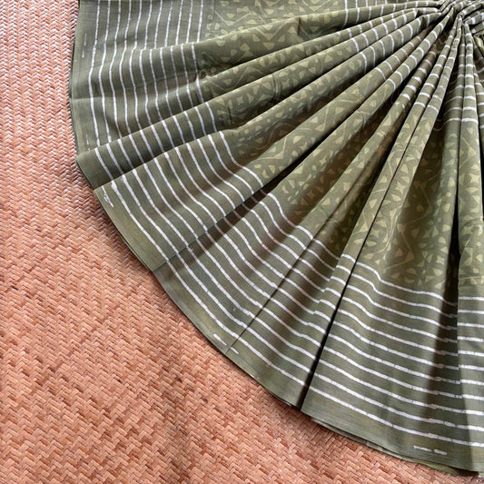 Mul Mul Cotton saree, Hand Block Printed, Green