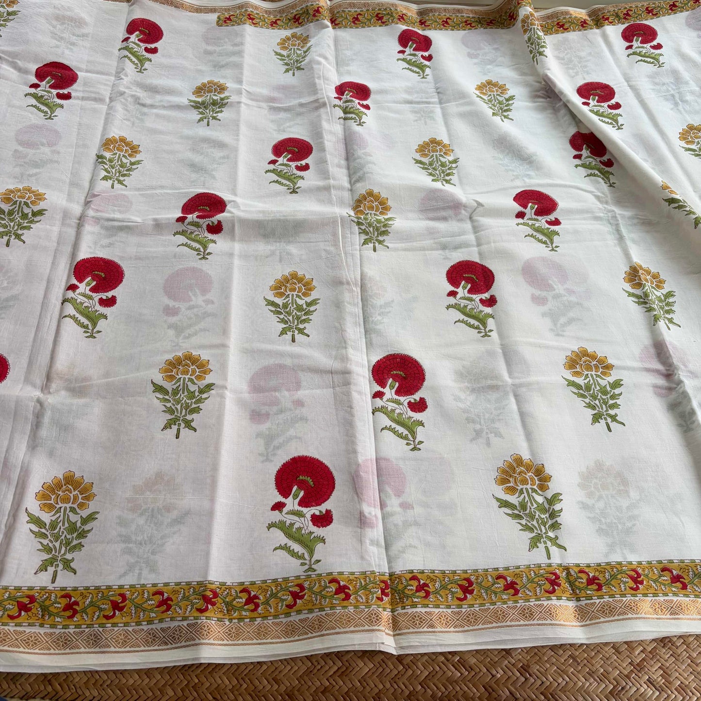 White, Jaipur Hand Block Printed On Madurai Cotton Saree With Zari