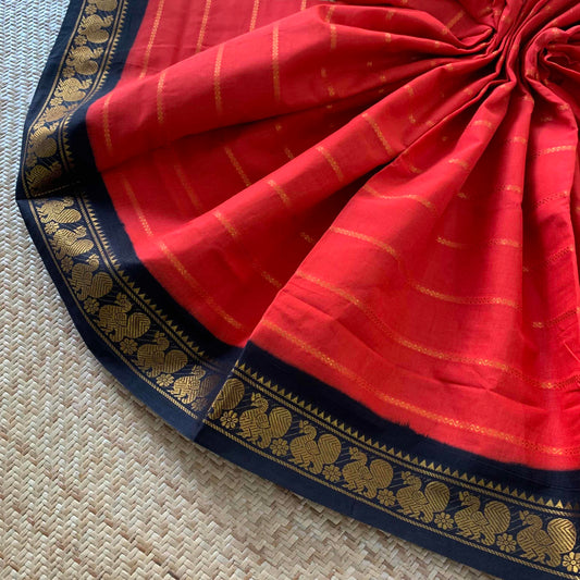 Red Saree With Black Border, Zari Velthari Madurai Sungadi Saree