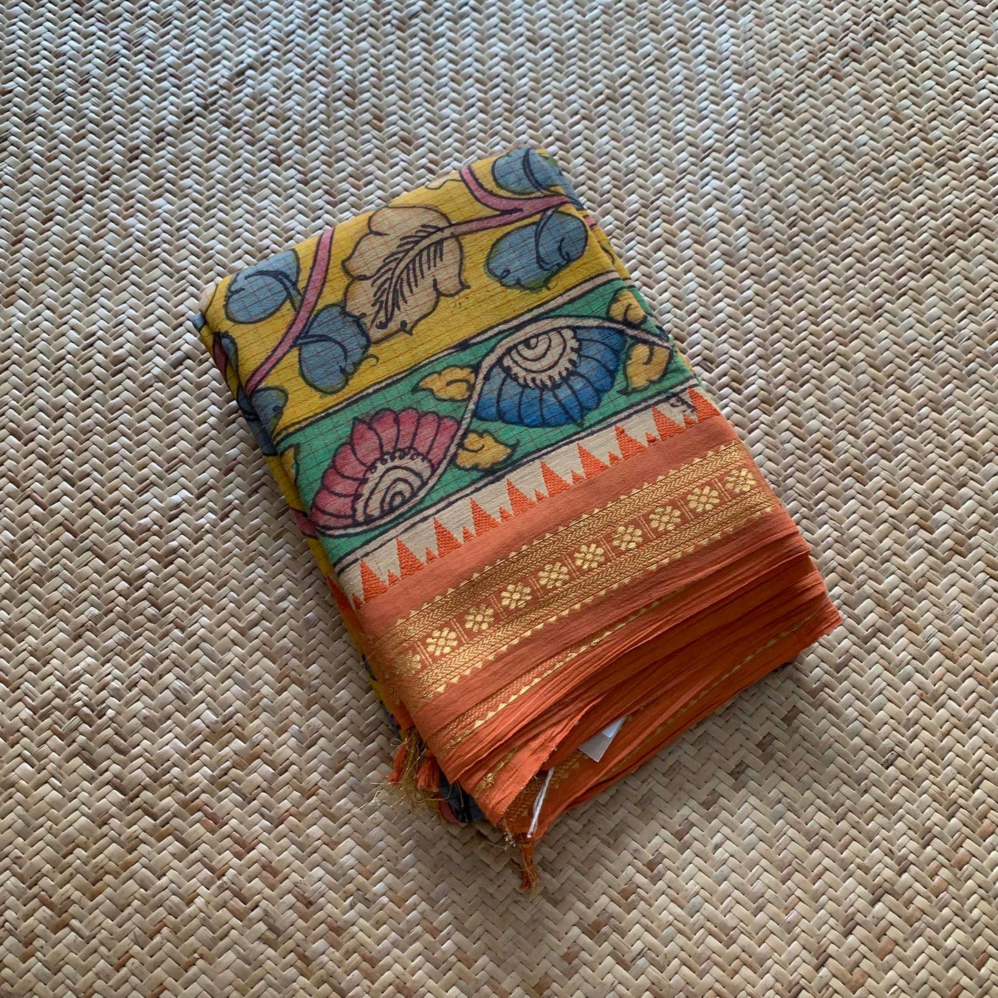 Golden Yellow Kalamkari Hand Painted on Chettinad Cotton saree