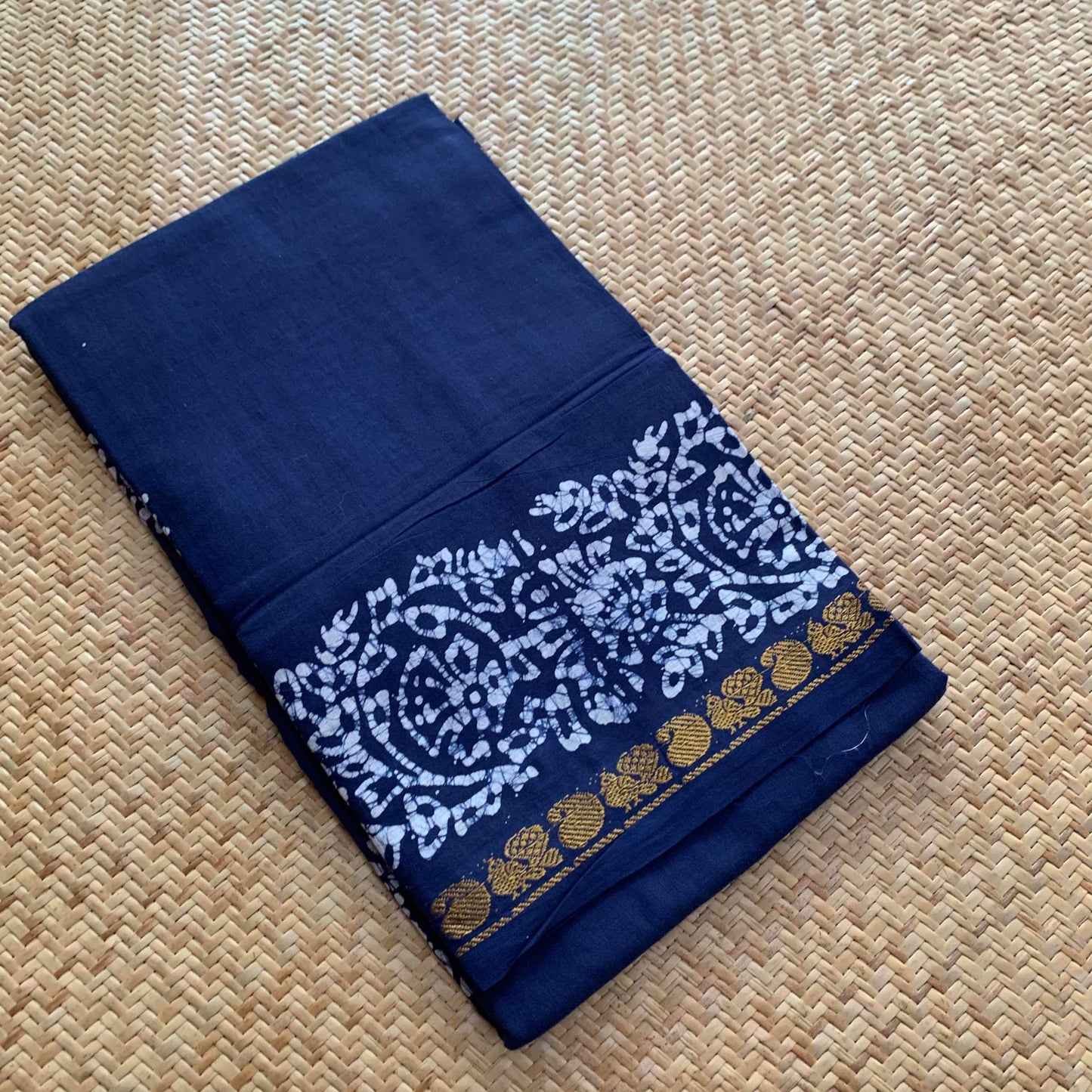 Navy Hand Crafted wax print Sungudi Mul Mul Cotton Saree