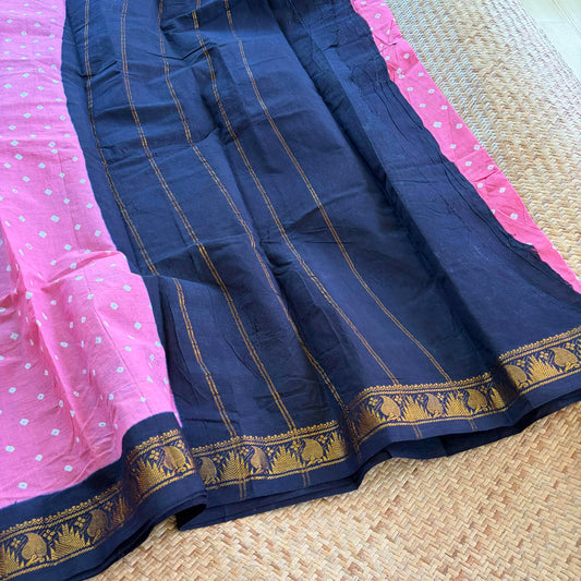 Pink Saree With Black Border, Hand knotted Sungudi On a Border Cotton saree, Kaikattu Sungudi