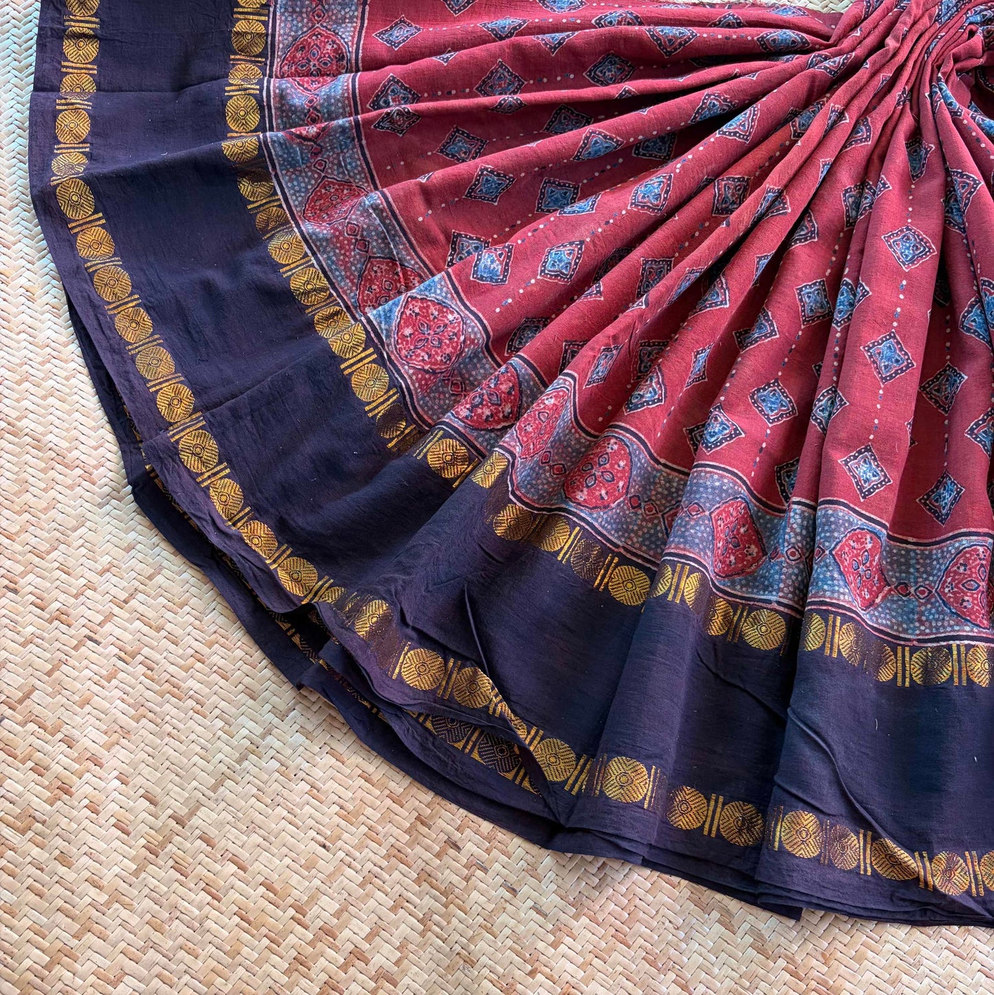 Diamond Red, Ajrak Hand Block Printed On Madurai Cotton Saree With Zari