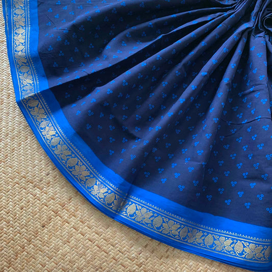 Navy Blue With Blue Wax Print, Half Fine Zari Premium Sungudi Cotton Sarees