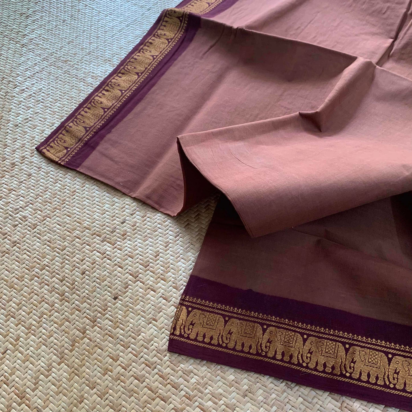 Chocolate Brown Saree With Beetle Nut Brown Half Fine Zari Border, Clamp dyed (Kattu sayam).