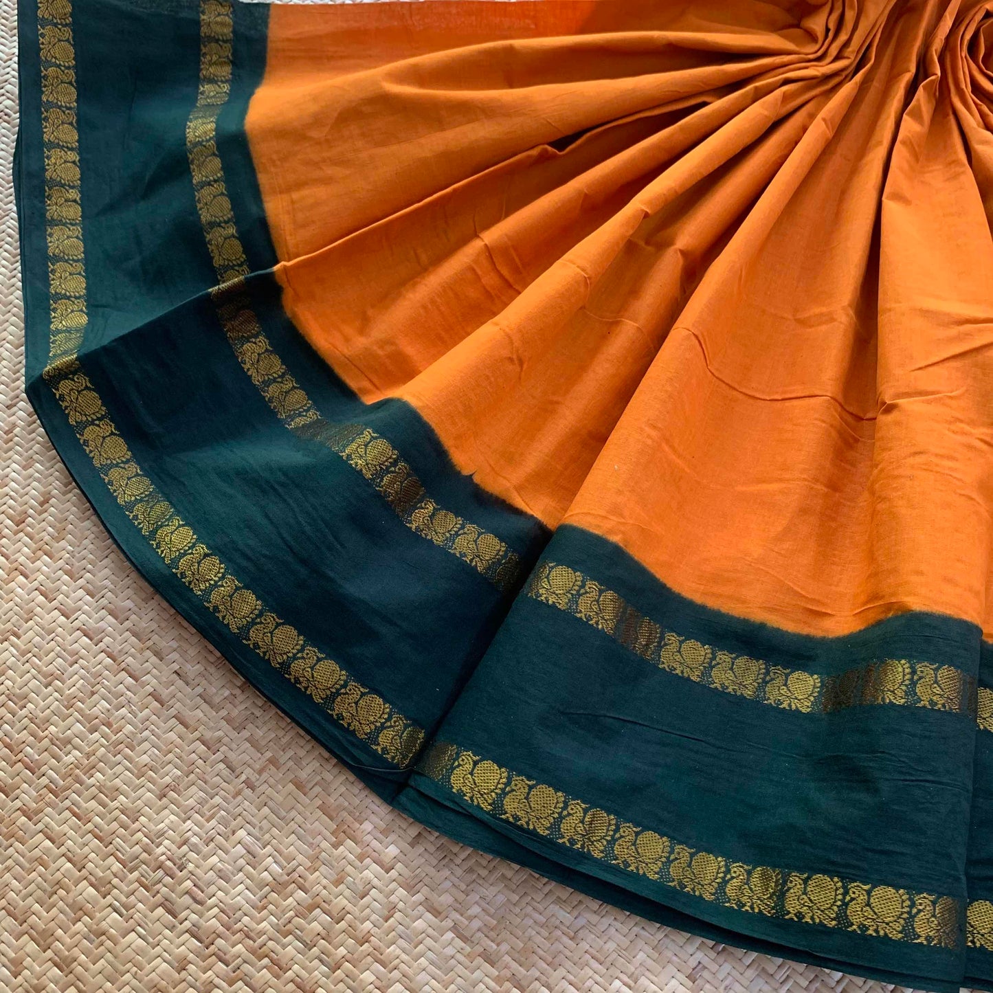 Yellow Saree With Green Border, Zari Annam Rettai Pettu Border , Clamp dyed (Kattu sayam).