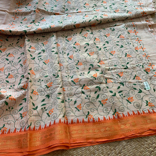 Chettinad Cotton Saree with multi colour thread Kantha Hand Embroidery