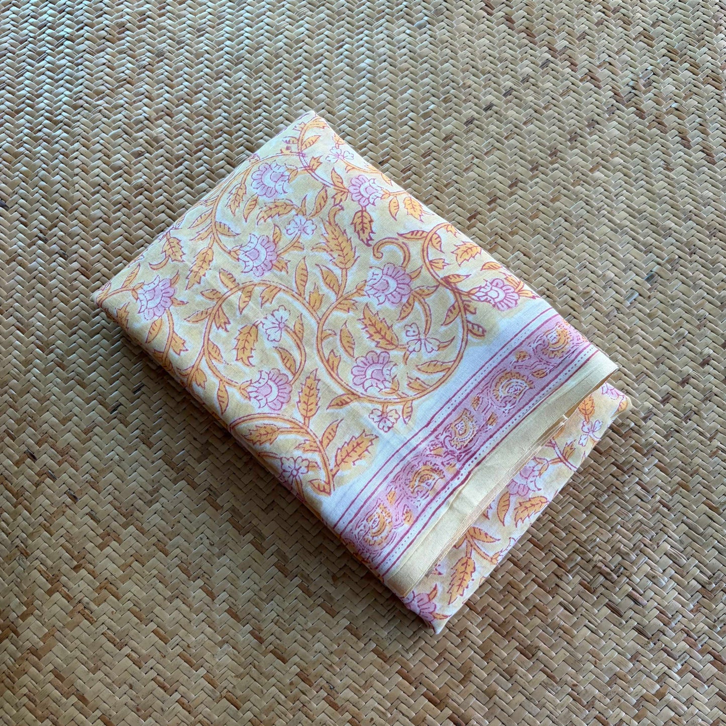 Mul Mul Cotton saree, Hand Block Printed, Butter Yellow