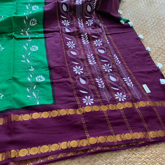 Sungudi Saree with multi colour thread Kantha embroidery