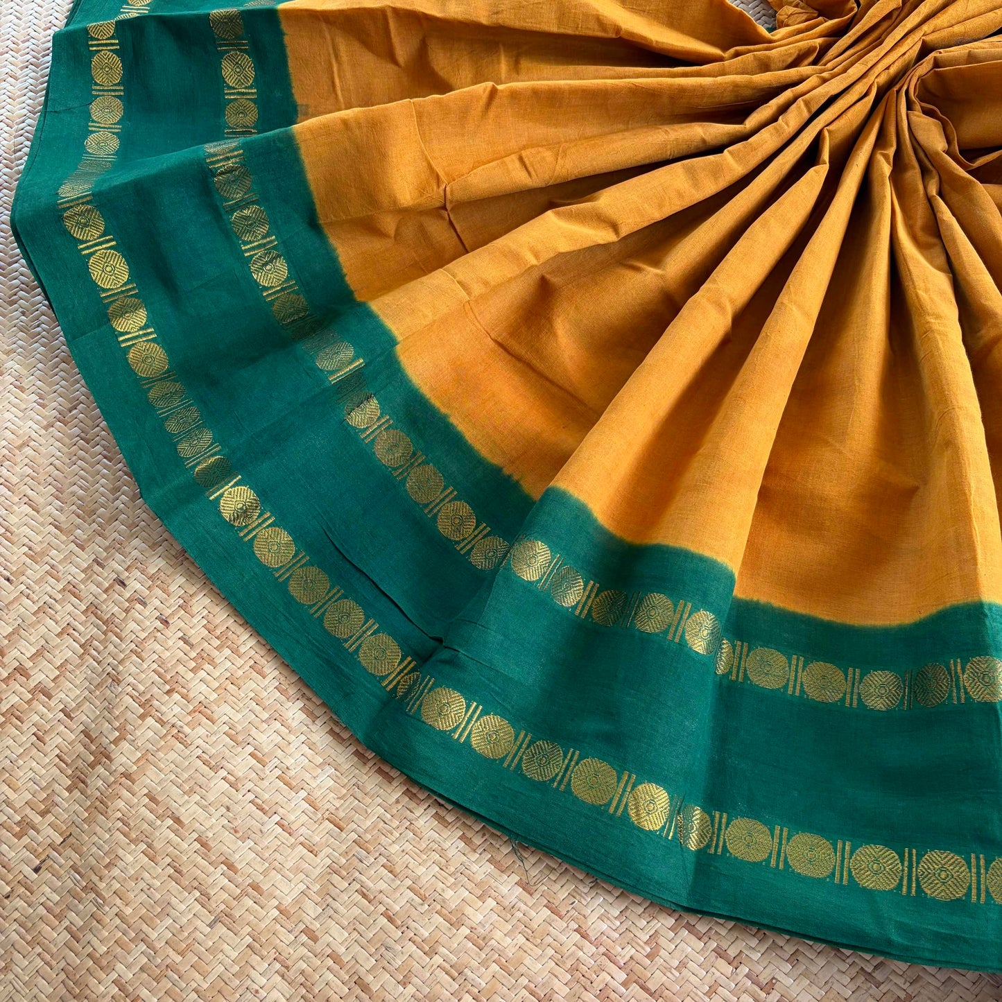 Mustard Saree With Running Blouse , Zari Rudraksham Rettai Pettu Border , Clamp dyed (Kattu sayam)