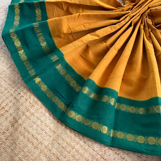 Mustard Saree With Running Blouse , Zari Rudraksham Rettai Pettu Border , Clamp dyed (Kattu sayam)