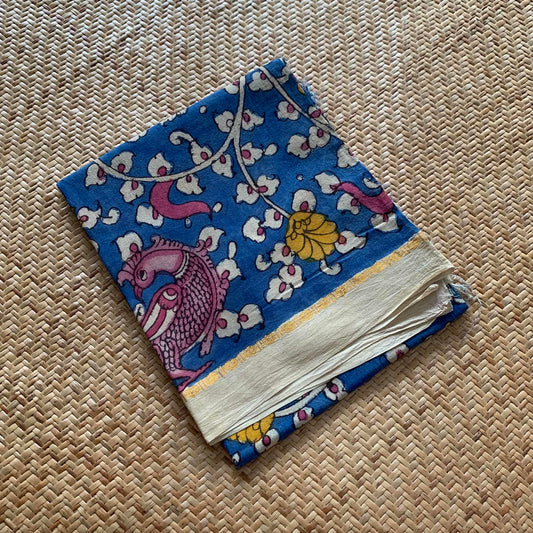 Blue Floral, Kalamkari Hand Painted on a Madurai Sungudi Cotton CUT FABRIC