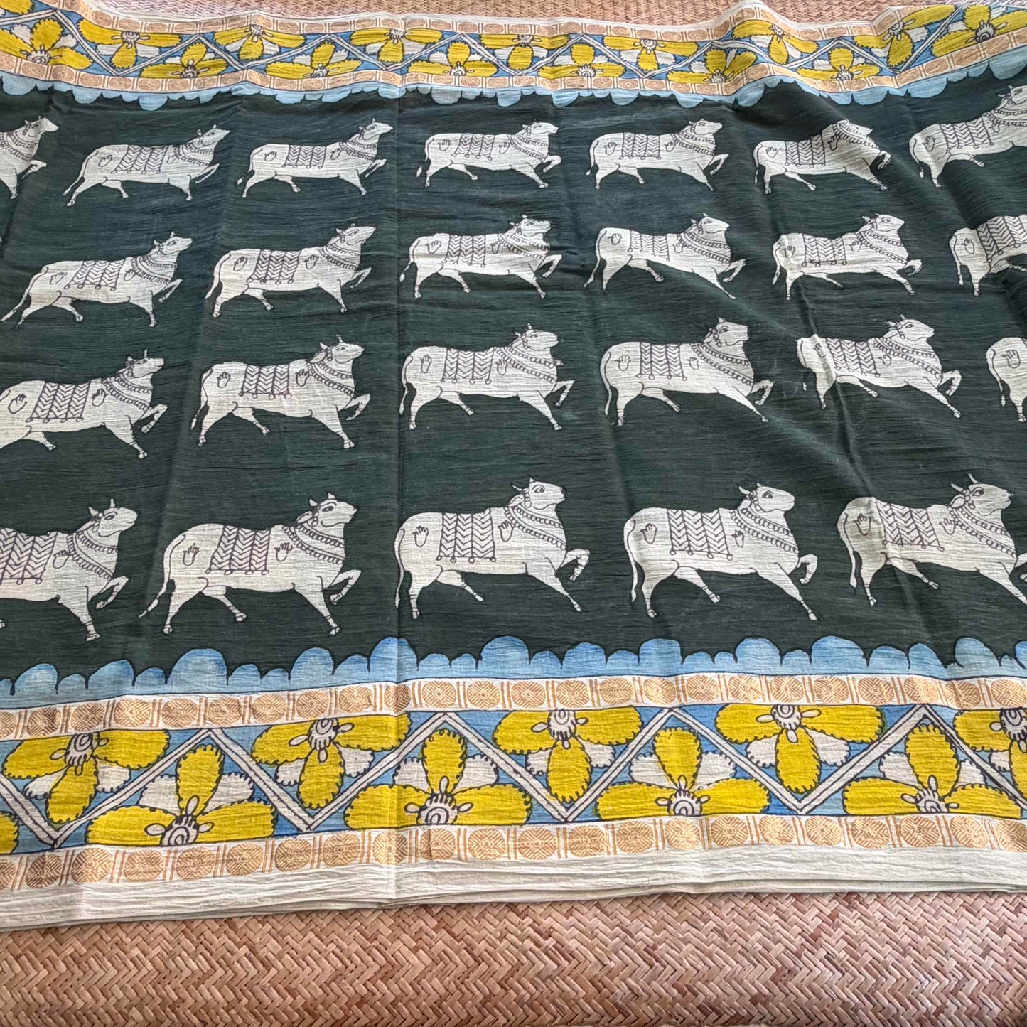 Bull Kalamkari Hand Painted on Cotton Sungudi Saree With Blouse