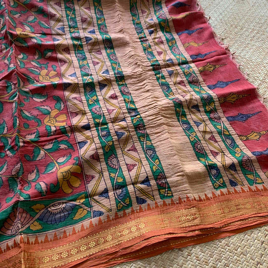 Red,Kalamkari Hand Painted on Chettinad Cotton saree
