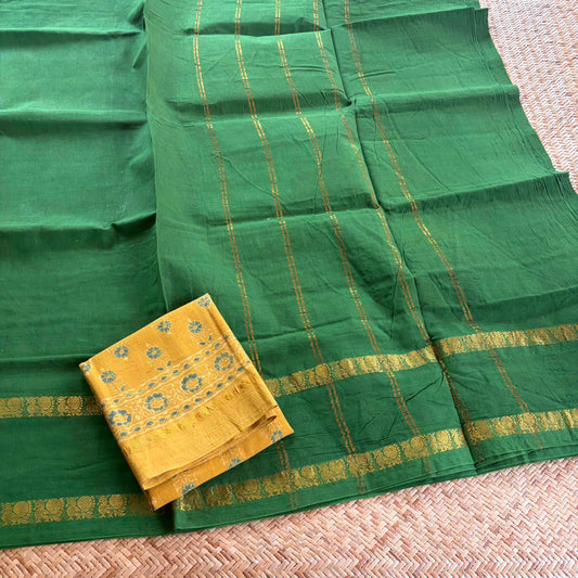 Green Saree With Ajrak Blouse , Zari Rudraksham Rettai Pettu Border , Clamp dyed (Kattu sayam)
