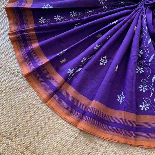 Arupukottai Hand woven Saree with multi colour thread Kantha embroidery