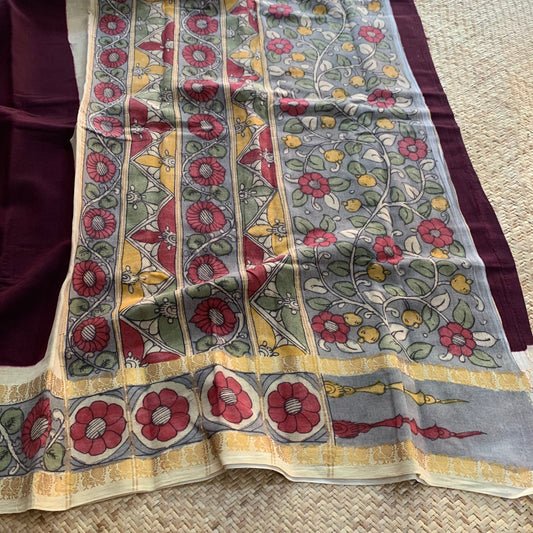 Brown - Kalamkari Hand Painted on a Madurai Sungudi Cotton saree.