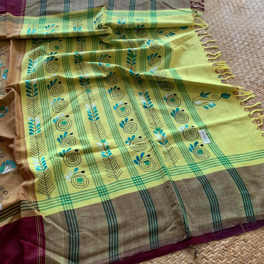 Arupukottai Hand woven Saree with multi colour thread Kantha embroidery