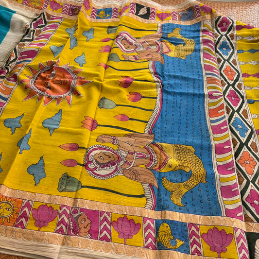Aqua - Kalamkari Hand Painted on a Madurai Sungudi Cotton saree. With Blouse