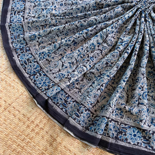 Black, Kalamkari Hand Block Printed Natural dye, Mul cotton saree