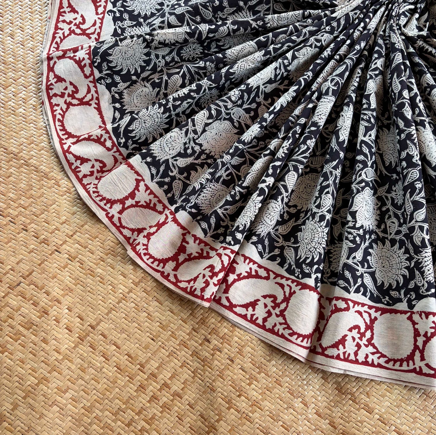 Mul Mul Cotton saree, Hand Block Printed, Black