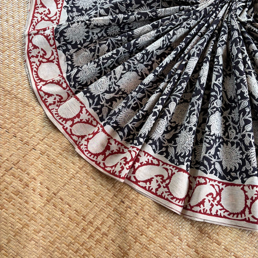 Mul Mul Cotton saree, Hand Block Printed, Black